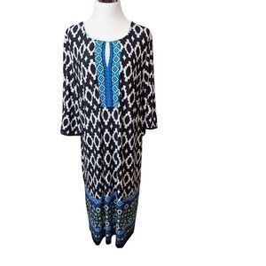 Studio One Womens 2X Shift Dress Black Multi Keyhole Stretch 3/4 Sleeve Pullover